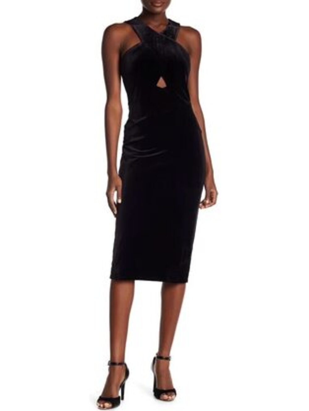 BCBGMAXAZRIA Maren Velvet Halter Crisscross Cutout Midi Dress in Black (Size M)